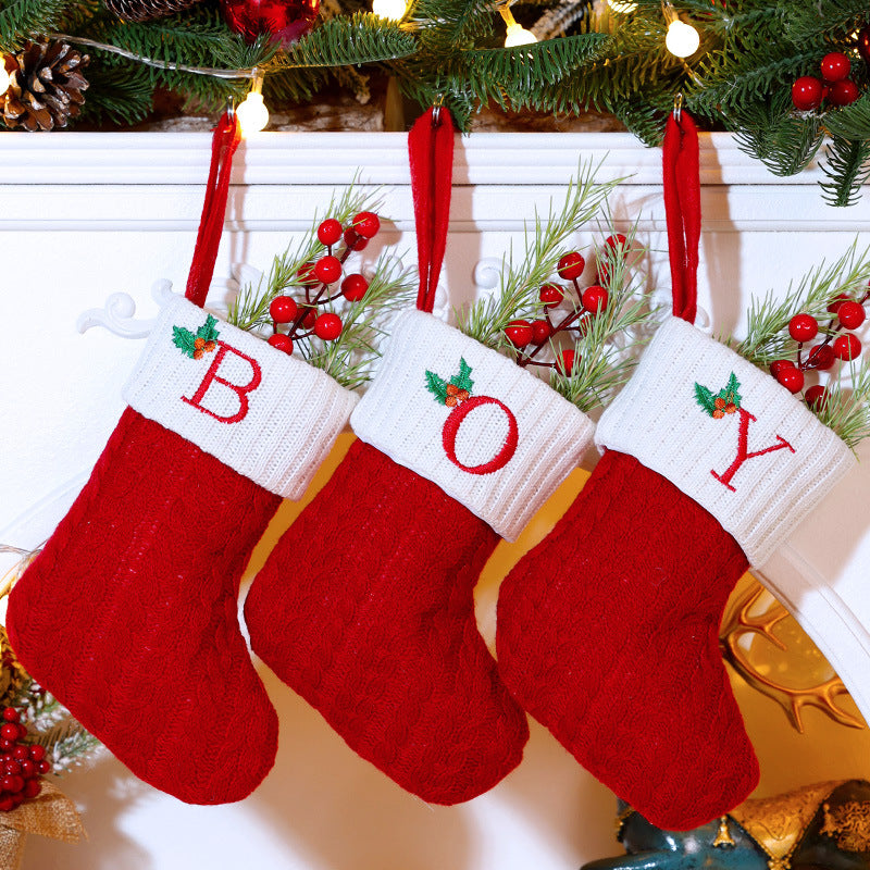 Knitted Stripe Christmas Stockings 26 Letters Embroidery Socks Decorations Gift Bag Xmas Tree Hanging Ornaments