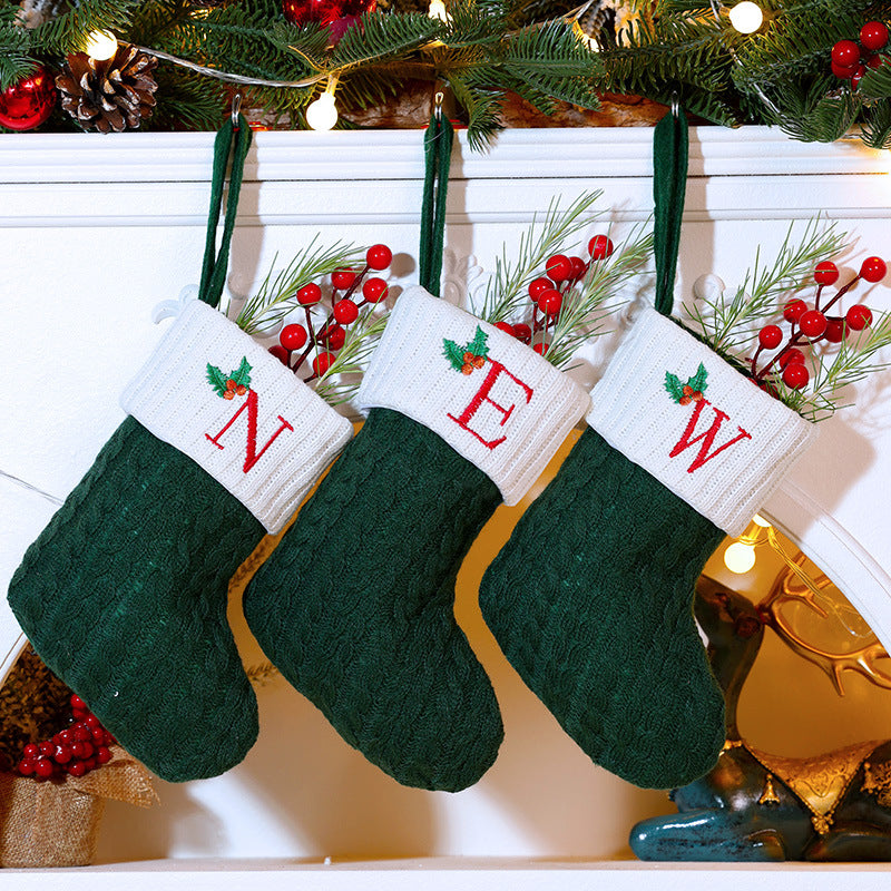 Knitted Stripe Christmas Stockings 26 Letters Embroidery Socks Decorations Gift Bag Xmas Tree Hanging Ornaments