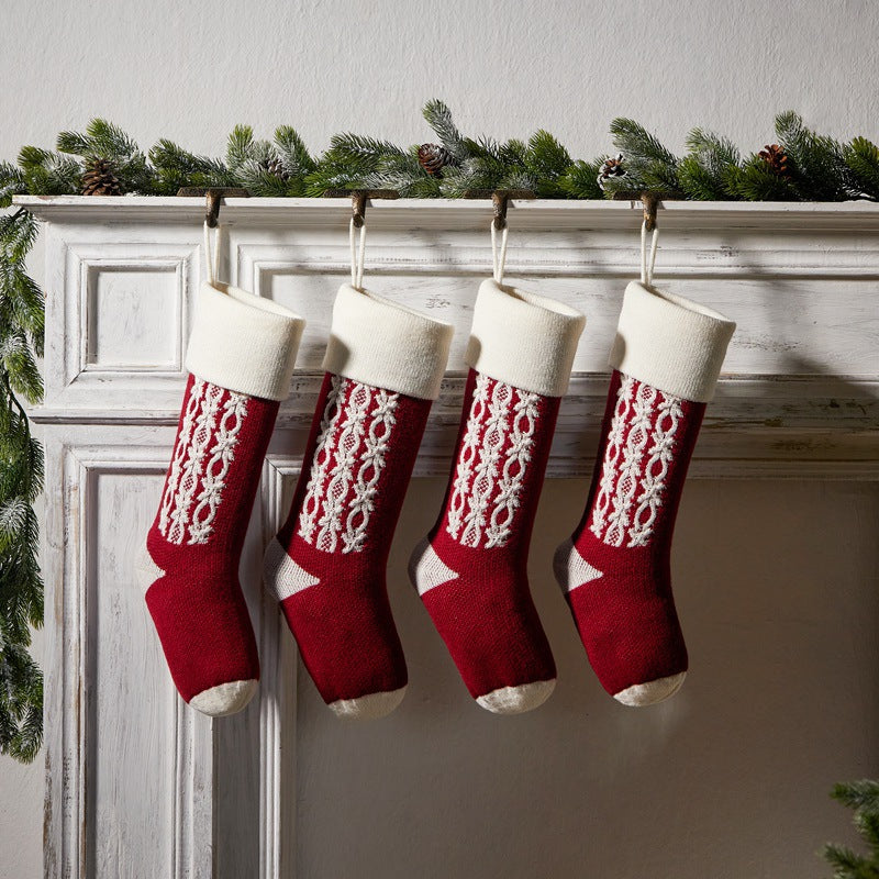 Retro Applique Christmas Stocking Knitted Gift Bag Xmas Tree Pendant Fireplace Hanging Ornament Candy Bag Holiday Home Decor