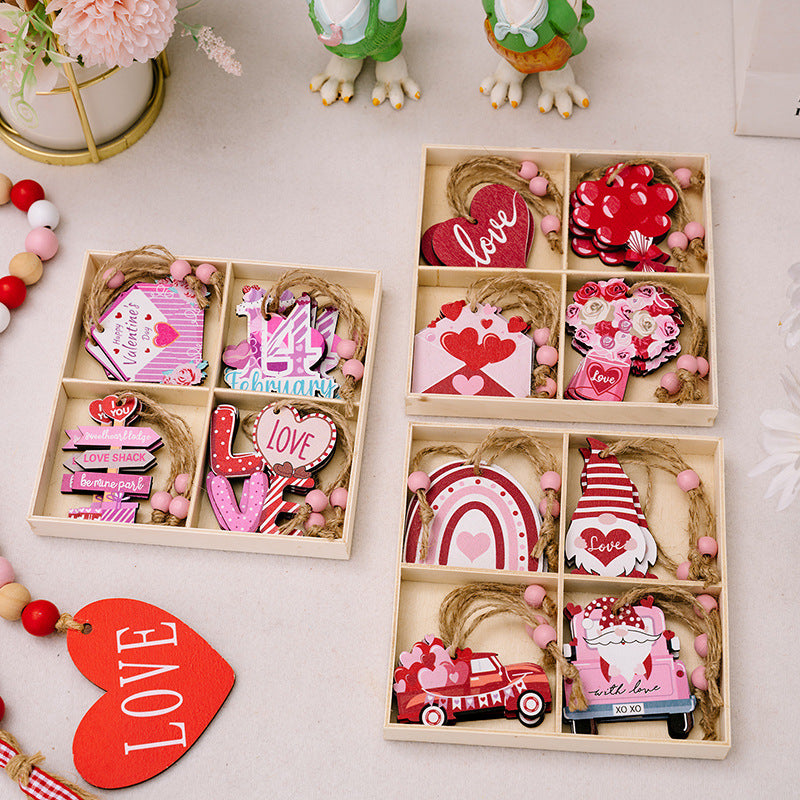 12Pack Pink Wooden Pendants Valentine's Decorations Home Hanging Ornaments Gifts