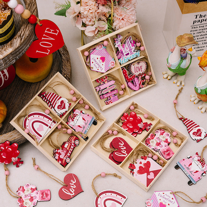 12Pack Pink Wooden Pendants Valentine's Decorations Home Hanging Ornaments Gifts