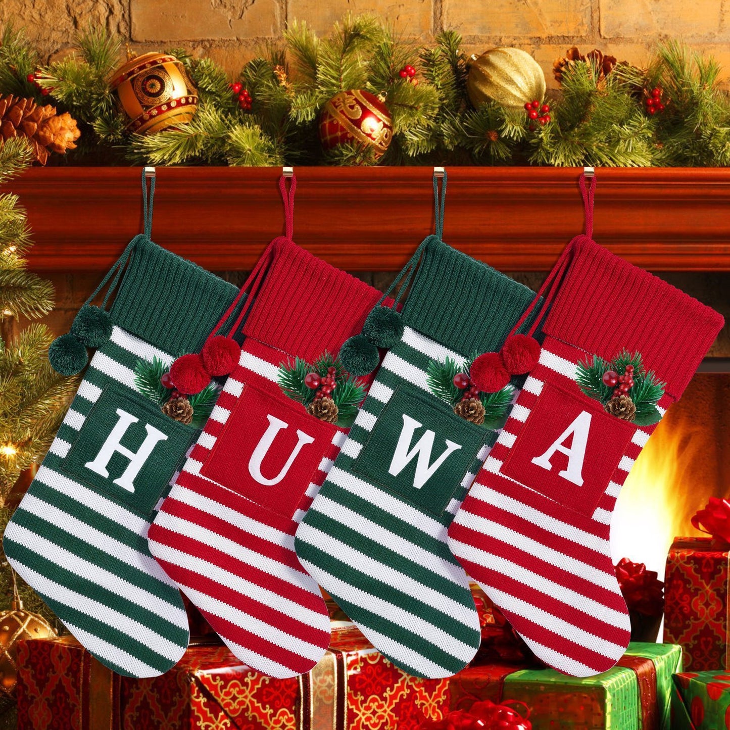 26 Letters Christmas Stockings Knitted Stripe Gift Bag Xmas Decorations Large Candy Bag Hanging Ornaments