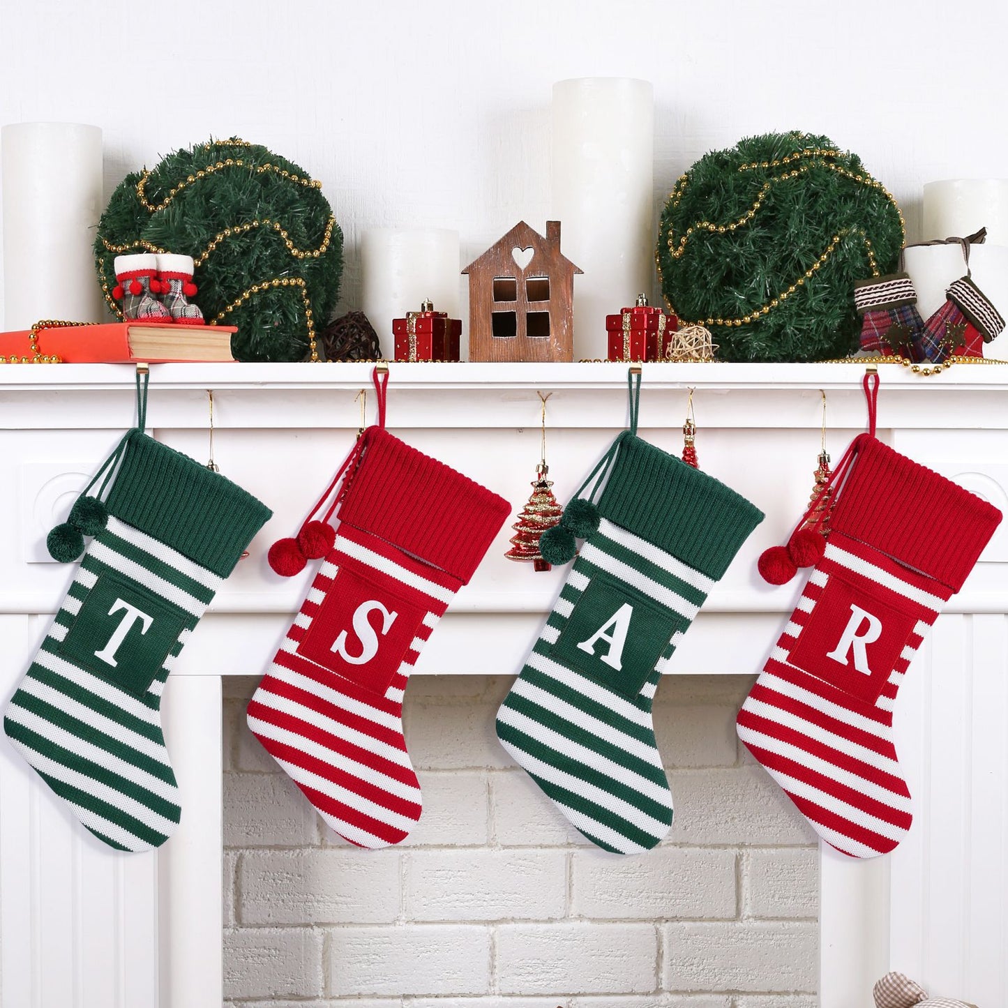 26 Letters Christmas Stockings Knitted Stripe Gift Bag Xmas Decorations Large Candy Bag Hanging Ornaments