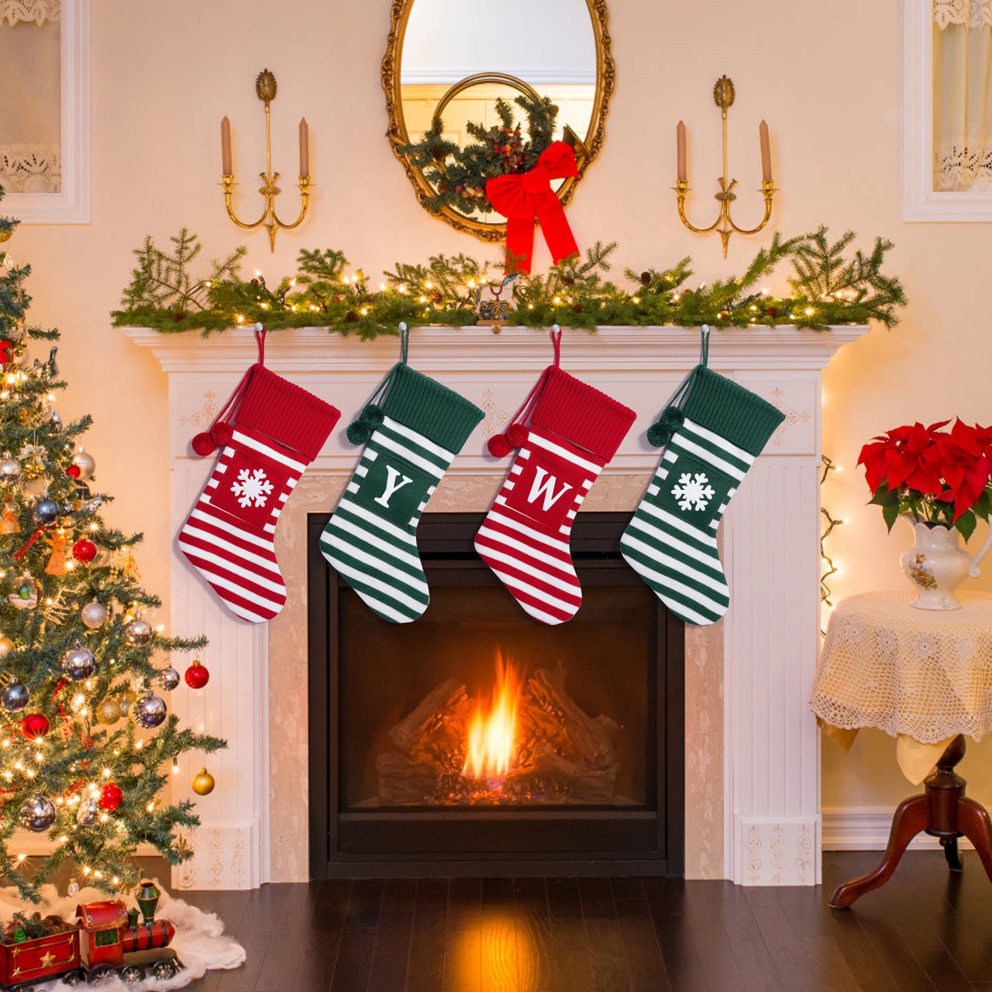 26 Letters Christmas Stockings Knitted Stripe Gift Bag Xmas Decorations Large Candy Bag Hanging Ornaments