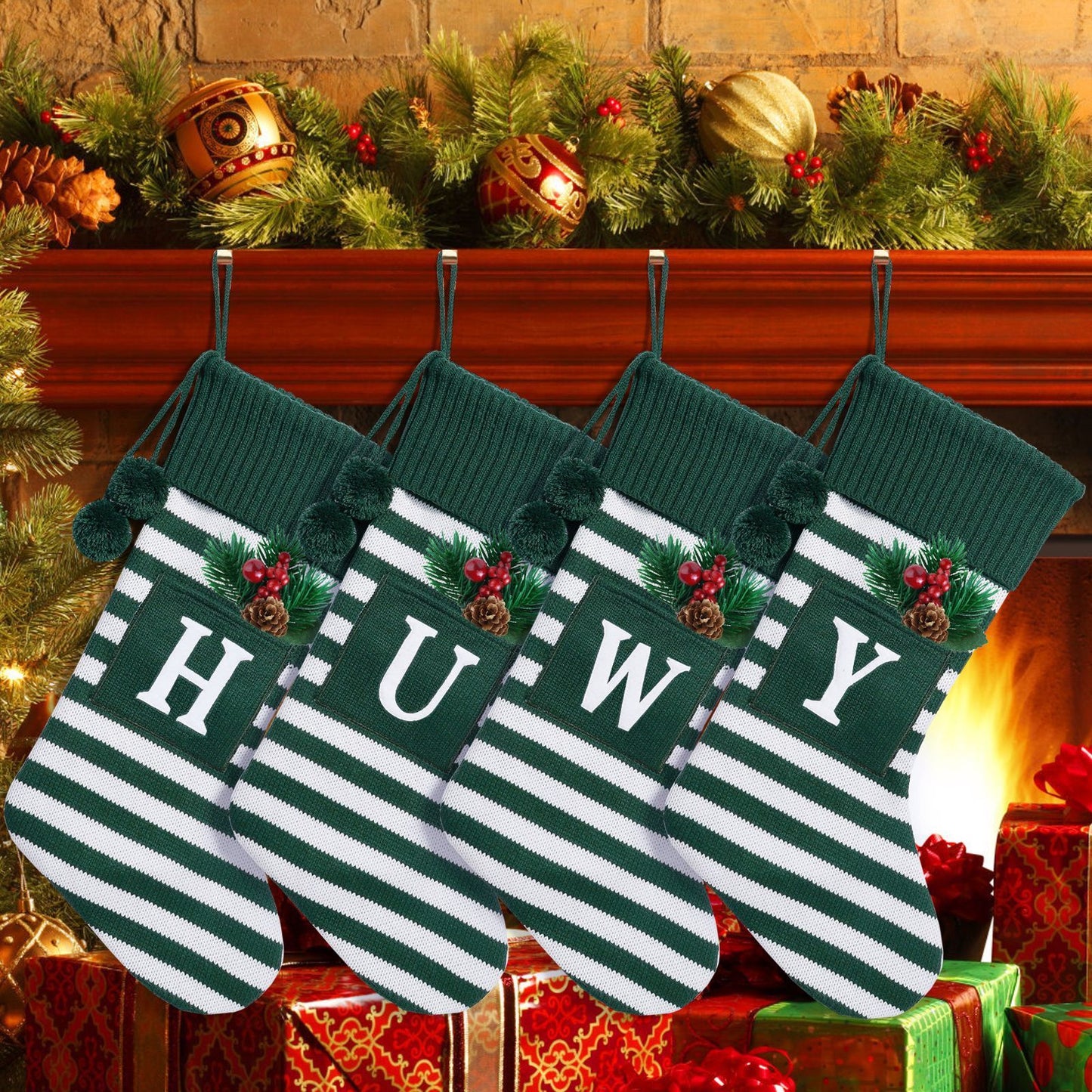 26 Letters Christmas Stockings Knitted Stripe Gift Bag Xmas Decorations Large Candy Bag Hanging Ornaments