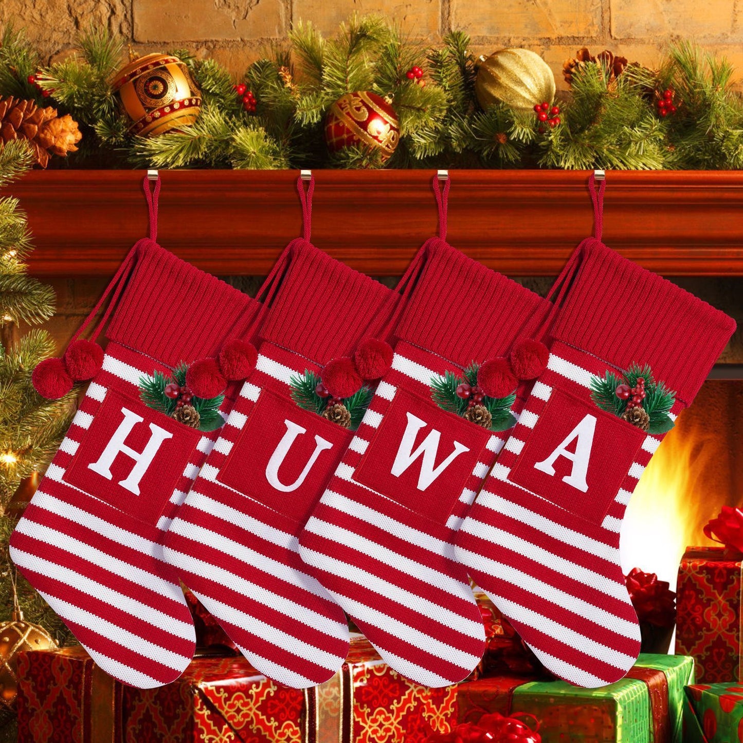 26 Letters Christmas Stockings Knitted Stripe Gift Bag Xmas Decorations Large Candy Bag Hanging Ornaments