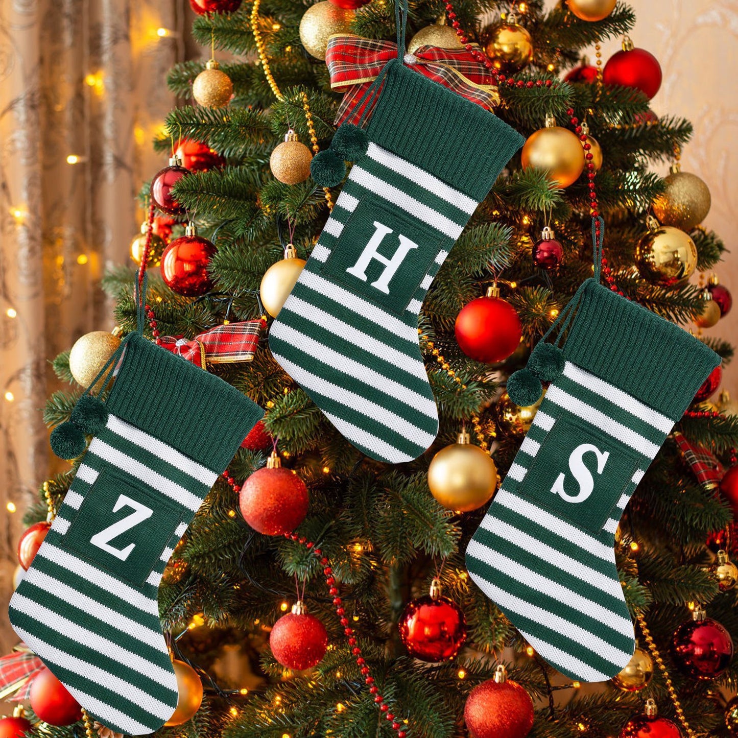 26 Letters Christmas Stockings Knitted Stripe Gift Bag Xmas Decorations Large Candy Bag Hanging Ornaments