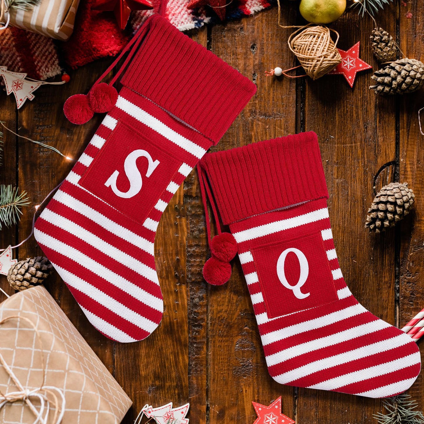 26 Letters Christmas Stockings Knitted Stripe Gift Bag Xmas Decorations Large Candy Bag Hanging Ornaments