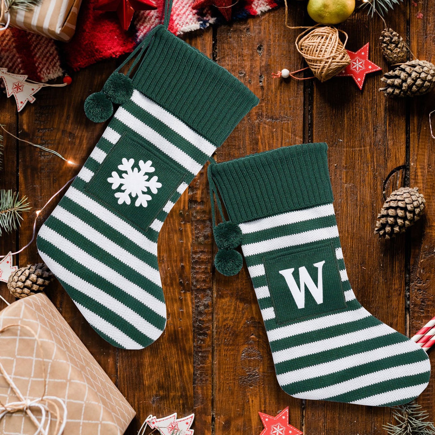 26 Letters Christmas Stockings Knitted Stripe Gift Bag Xmas Decorations Large Candy Bag Hanging Ornaments