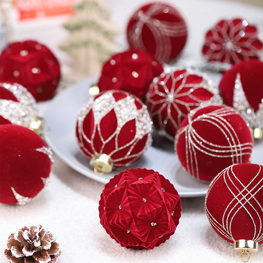 12PCS/8cm Christmas Ball Decorations Flock Colored Diamond Baubles Xmas Tree Ornaments Home Decor