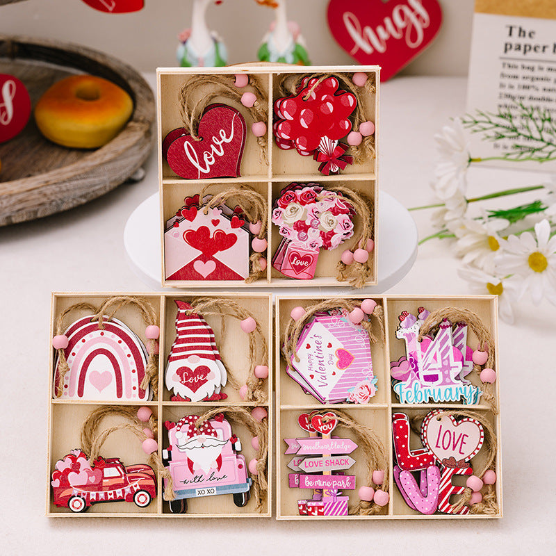 12Pack Pink Wooden Pendants Valentine's Decorations Home Hanging Ornaments Gifts